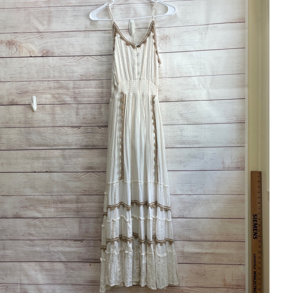 NEW WITH TAGS ZURY GAUZY FLOWY MAXI DRESS IN CREAM WITH GOLDTRIM